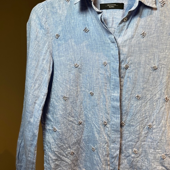 Weekend Max Mara Tops - Weekend Max Mara Light Blue Embroidered Linen Button-Down Shirt